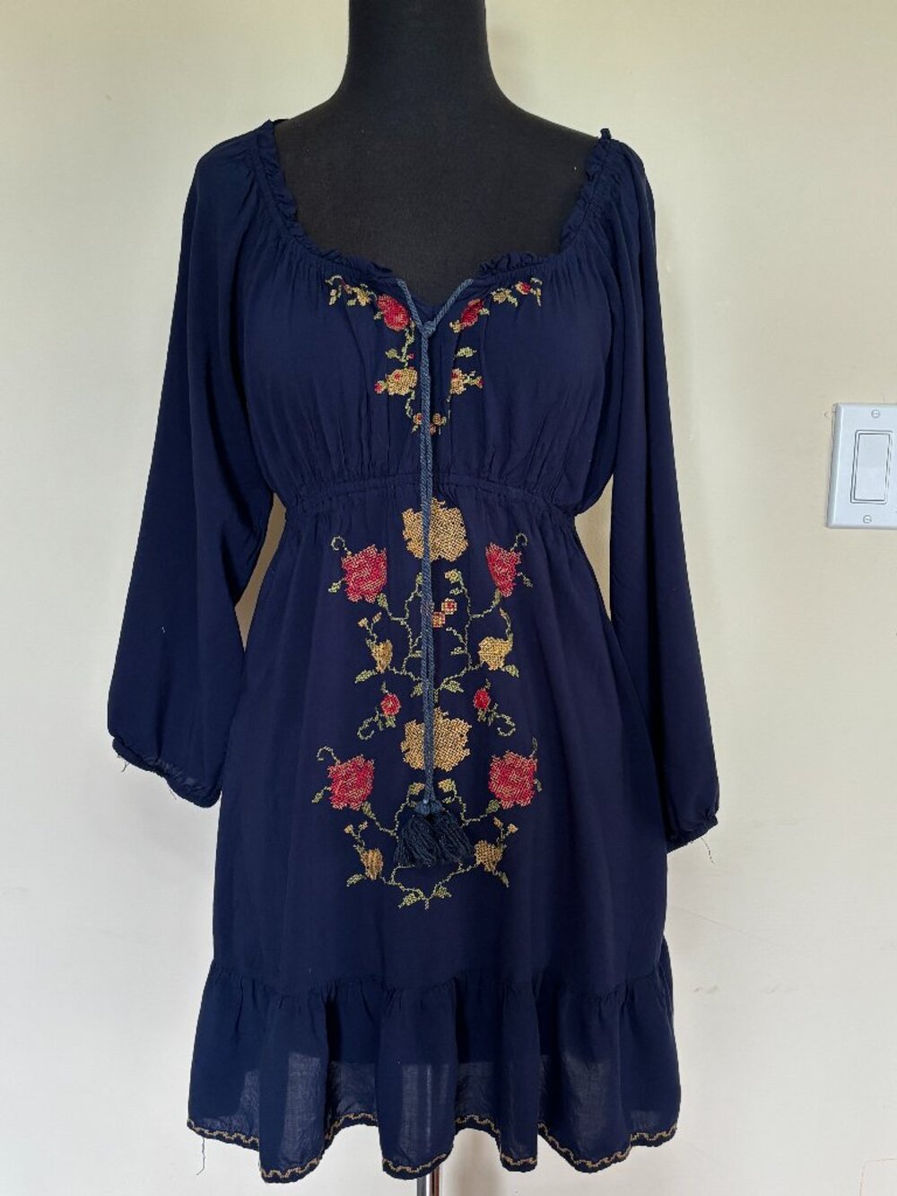 Pink Martini navy folklore embroidered cottagecore dress with long sleeves